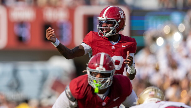 Alabama quarterback Keelon Russell (12) sets up a play against Florida State during the first half of an NCAA college football game Saturday, Sept. 19, 2026, in Tuscaloosa, Ala. (AP Photo/Vasha Hunt)