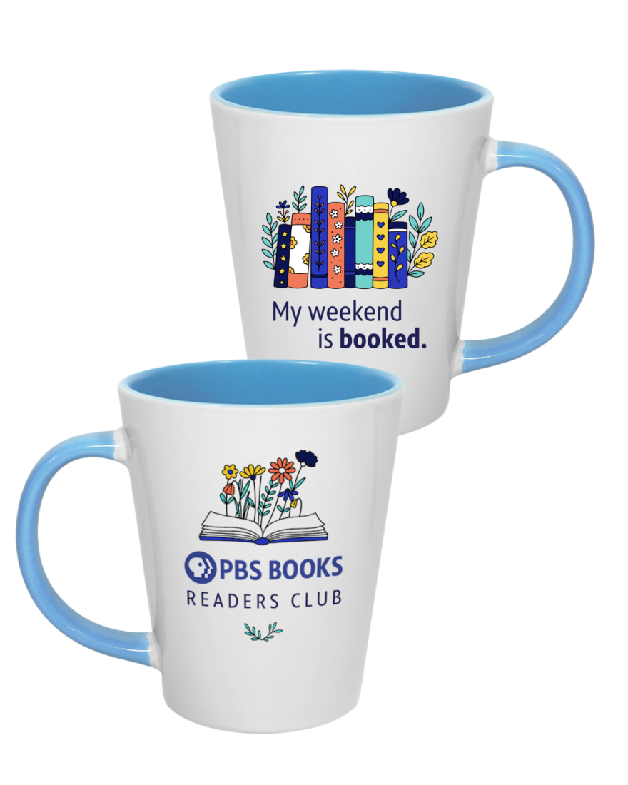 front and back of a white mug with a light blue handle and inside. One side is a graphic of books with text reading "My weekend is booked." he other side si the PBS BOOKS Reader's Club logo.
