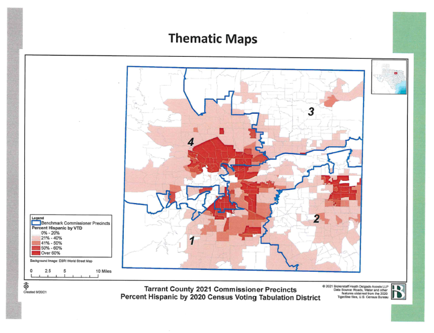 A map from Bob Heath's 2021 presentation to Tarrant County commissioners, showing Tarrant County's Hispanic population across commissioners precincts. There are high concentrations of Hispanic residents in all precincts except Precinct 3 in northeast Tarrant County. Precinct 4, covering northwest Tarrant County, has the highest concentration of Hispanic people.