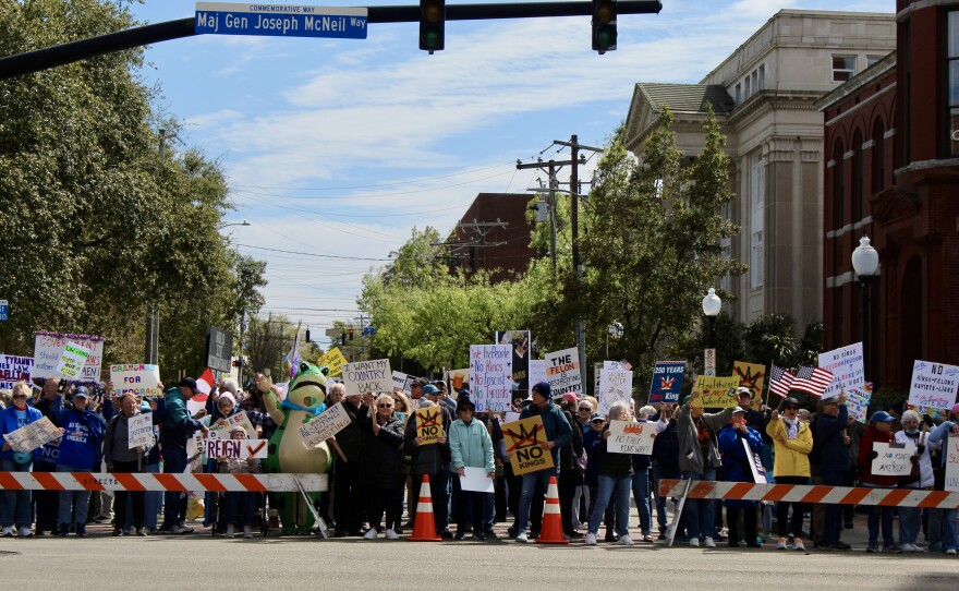 No Kings protestors gathered on Princess Street in front of Innes Park.