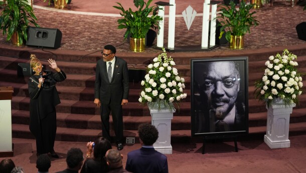 Santita Jackson, daughter of the Rev. Jesse Jackson, left, speaks at Brookland Baptist Church during a tribute service honoring her late father Monday, March 2, 2026, in West Columbia, S.C. (AP Photo/Matt Kelley)