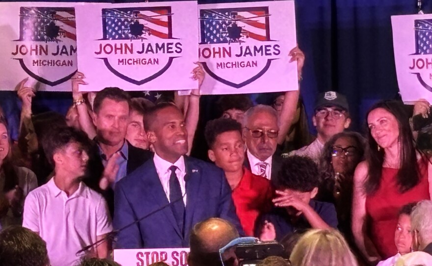 Democratic nominee "Jocelyn Benson promises a new direction, but she’s been a part of the leadership that got us lost in the first place," U.S. Rep. John James told supporters at his victory party Tuesday night, August 4, 2026.