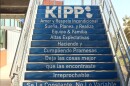 A stairwell on the KIPP San Antonio campus with an inspirational  message in Spanish.