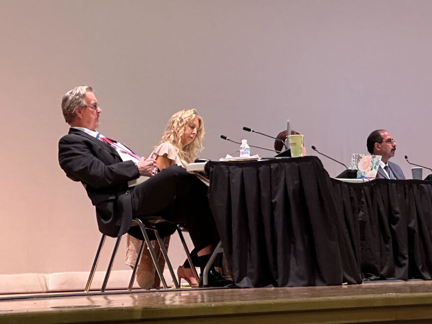 Hernando County School Board members Mark Johnson, left, and Shannon Rodriguez listen during the meeting.