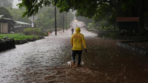 Fire Captain Lui Sales of the Hawaii Fire Department looks for residents to help as rainwater from nearby Hurricane Nolo flood a section of Mamalahoa highway Saturday, Sept. 26, 2026, near Naalehu, Hawaii. (Gregory Bull/AP)