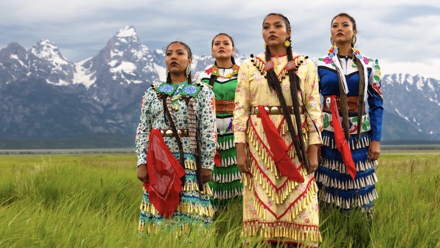 Jingle Dress Project dancers Erin Tapahe, from left, Sunni Begay, Dion Tapahe and JoAnni Begay will travel to Ketchikan, Alaska, to share and stories of jingle dress dancing August 4-11. (Photo courtesy Eugene Tapahe)