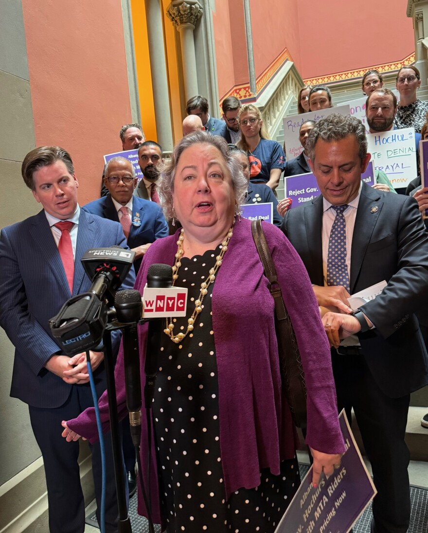 New York Senate Finance Committe Chair Liz Krueger speaks Thursday, June 6, 2024, to the media. Krueger is one of several Democrats angered by Gov. Kathy Hochul's decision to halt New York City's congestion pricing plan.