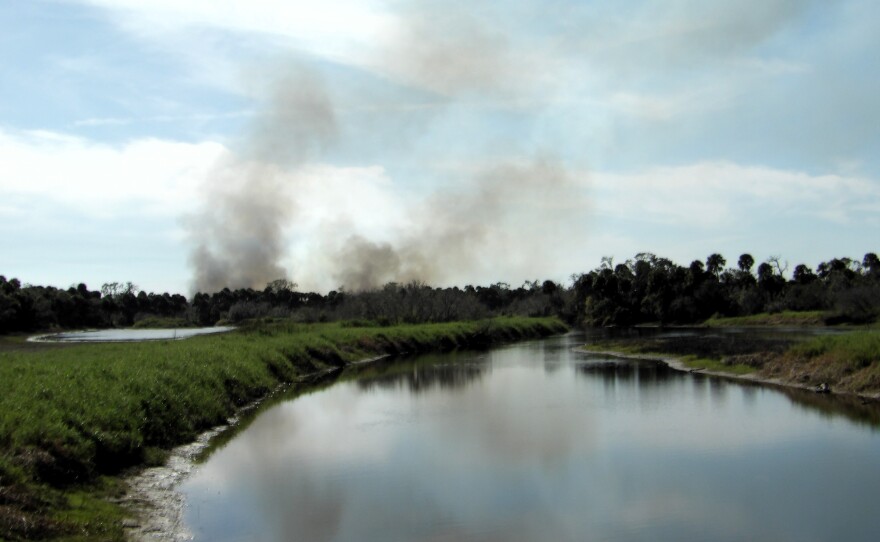 Smoke from a prescribed fire at a nature park in the background, with water in the foreground