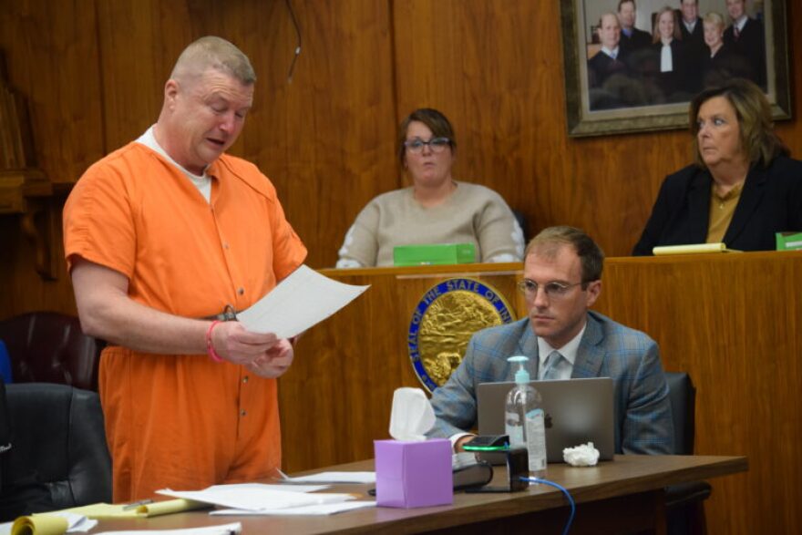 Jamey Noel reads a prepared statement on Monday, Oct. 14, 2024, at a Clark County Circuit Court hearing in Jeffersonville, Indiana.