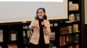 2023 National Teacher of the Year Rebecka Peterson speaks to an audience of about 20 people at Magic City Books in Tulsa. She wants to see legislators consider larger pay raises for teachers and allot teachers more paid planning time.