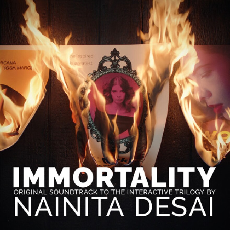 cover art for interactive trilogy Immortality, flames burning framed image of a woman