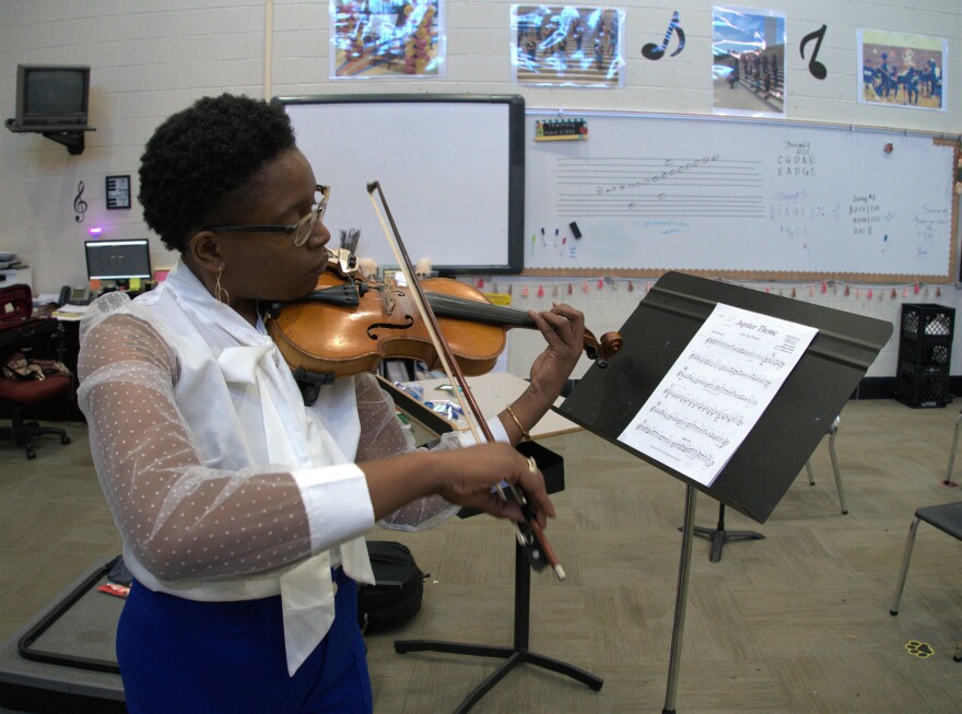 Rosalind Rogers practices “Jupiter, the Bringer of Jollity” from The Planets by Gustav Holst at Lincoln Middle School. She will play this song Friday with the St. Louis Symphony Orchestra for its Extra Credit concert.