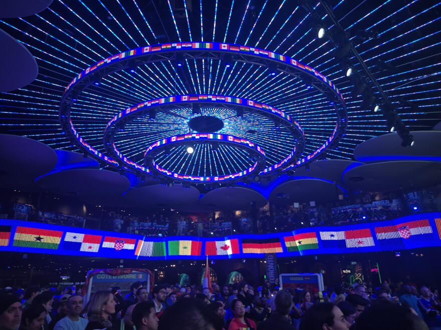 Large crowd of people inside a Toronto nightclub for a World Cup 2026 event.
