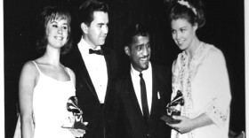 1964 Grammy Awards, left to right: Astrud Gilberto, Creed Taylor, Sammy Davis Jr., Monica Getz