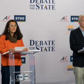 Democrat Mary Peltola (left) and Republican Sen. Dan Sullivan participated in Debate for the State at Alaska Public Media's studio on Oct. 15, 2026.