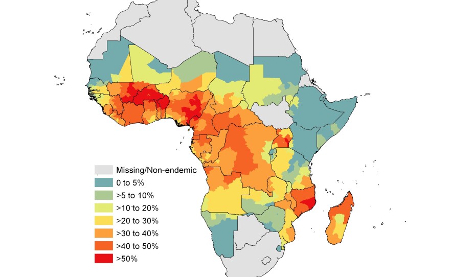 The map shows the estimated proportion of people who tested positive for malaria before treatment. The bigger the number, the better.