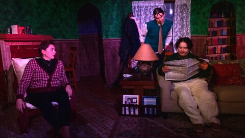 Cast members in the Agatha Christie play the "The Mousetrap" rehearse in Bethel on Aug. 5, 2026.