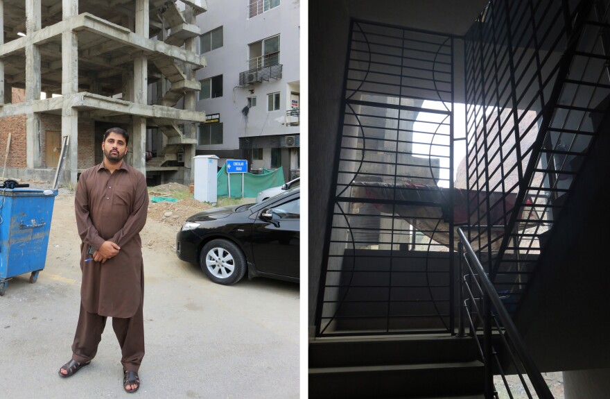 Police detective Aizaz Azam (left) stands outside the apartment block where 24 impoverished Pakistanis were imprisoned by a kidney trafficking gang. Barred windows on stairs leading to the apartment kept prisoners from escaping.