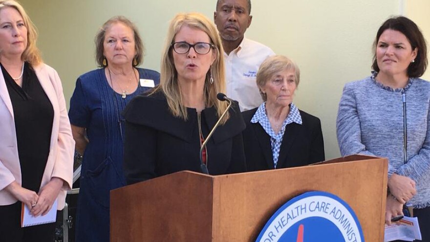 Agency for Health Care Administration Secretary Mary Mayhew stands at a podium