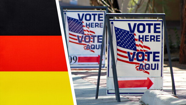 Voting signs next to a German flag.