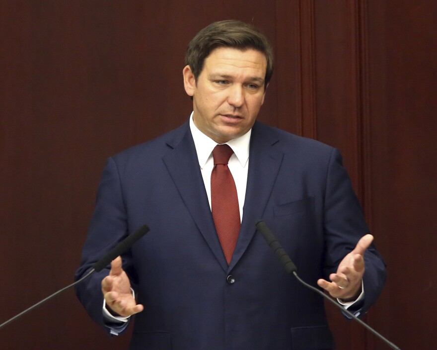 Florida Gov. Ron Desantis gives his state of the state address on the first day of legislative session, in Tallahassee, Fla.