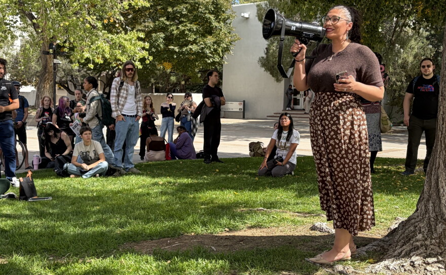 Stephanie Telles, Albuquerque City Councilor and Anderson faculty and alumnus spoke during the UNM protest on Wednesday.