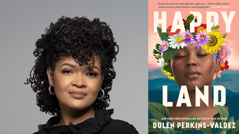 An image of the author on the left, an African-American woman, image of book cover on the right