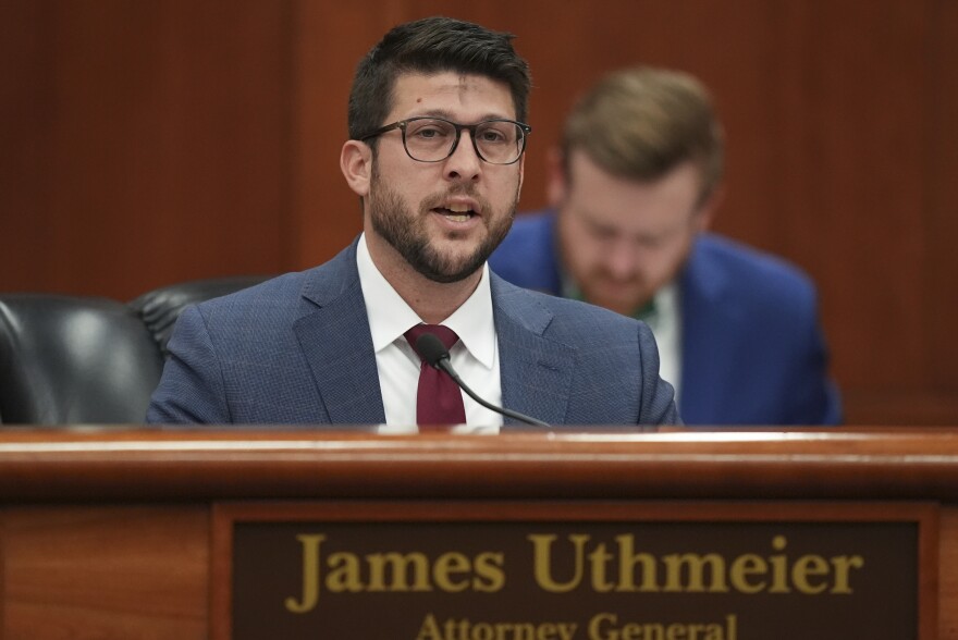 FILE - Florida Attorney General James Uthmeier speaks during a meeting between Gov. Ron DeSantis and the state cabinet at the Florida capitol in Tallahassee, Fla., Wednesday, March 5, 2025.