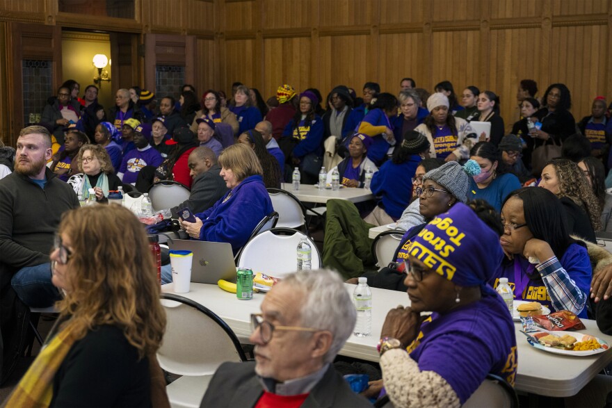 SEIU 1199 members and other activists meet to discuss their views following Governor Ned Lamont’s speech on his budget proposal at the Capitol building in Hartford on February 5, 2025.