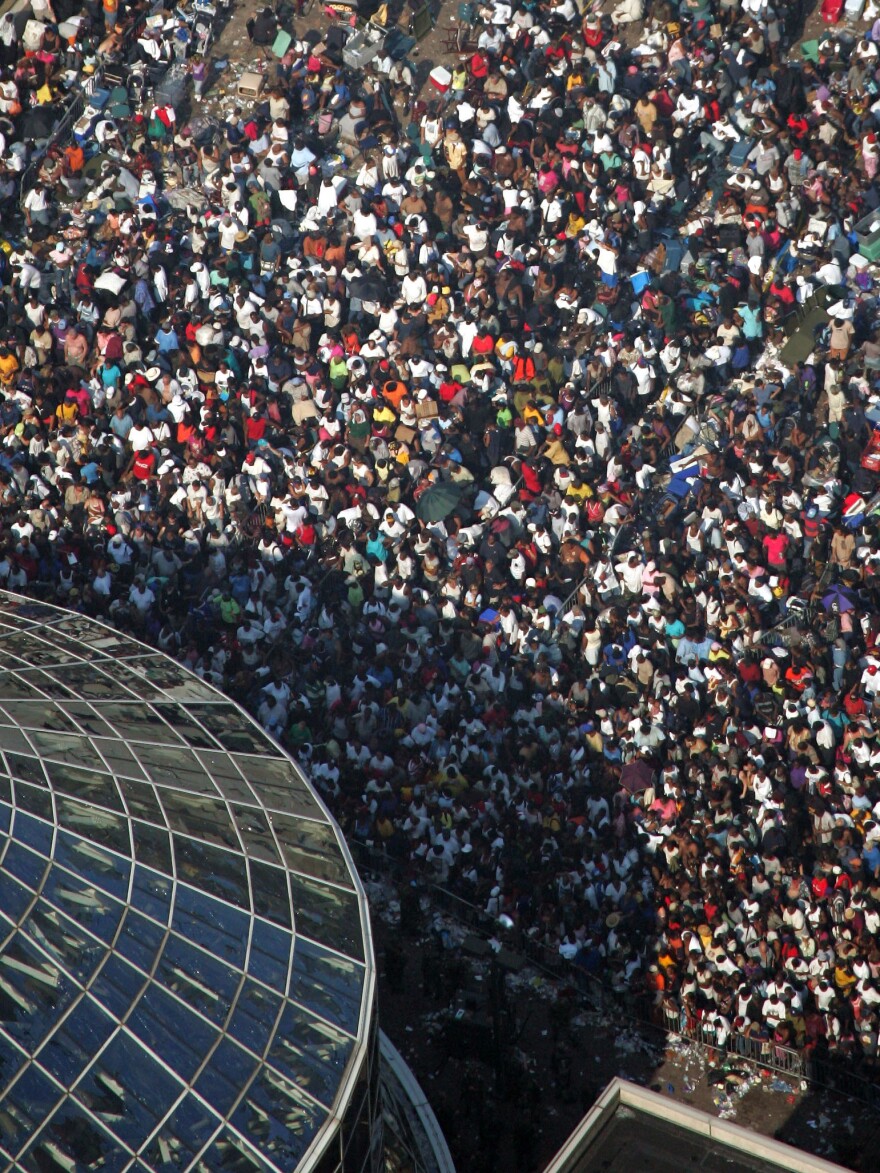 Thousands wait to be evacuated outside the Superdome on Sept. 2, 2005.