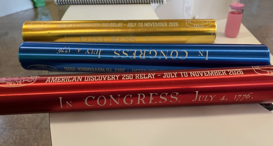 Some of the relay batons (each with a copy of the Declaration of Independence inside) out at Davenport's Union Station Wednesday morning.