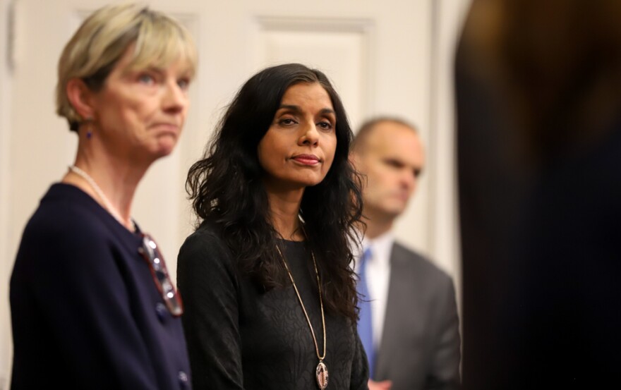 Massachusetts Public Health Commissioner Monica Bharel, at center, tested positive for COVID-19, according to the state. At left is Health and Human Services Secretary Marylou Sudders.