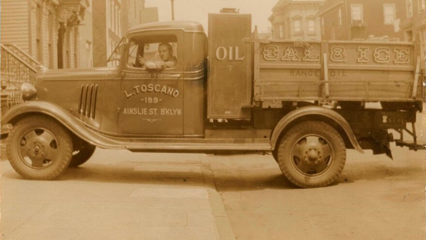 Michael Toscano, father of Brooklyn Public Library patron Vera Toscano, in his company truck, circa 1940.