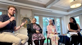(L to R) “Exploring Dementia Caregiving: a Community Conversation” panelists Colby McCaskill, Maria Canales and Tonya Maurer alongside moderator Daniela Doncel, CT Public Latino Communities reporter, on June 10, 2026 at the Webb Deane Stevens Museum in Wethersfield.