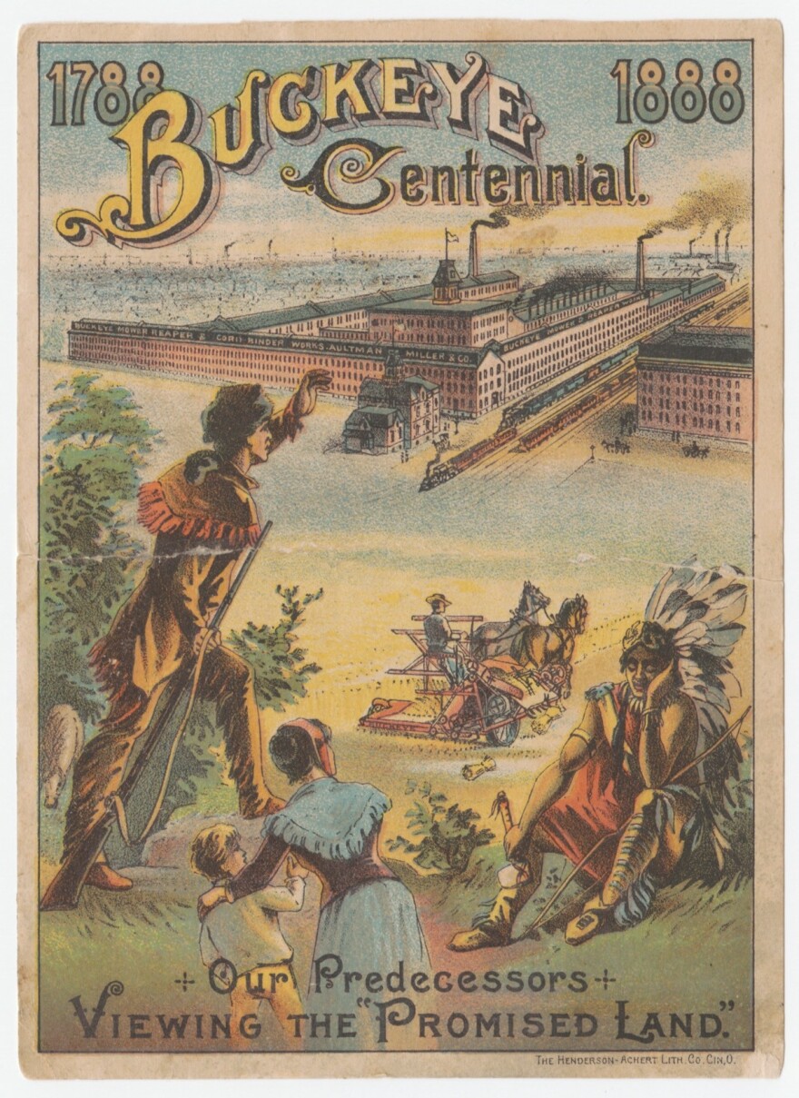 Buckeye Centennial advertisement featuring a pioneer figure looking into the future, a factory, and a Native American man sits on the ground. Buckeye Mower, Reaper, & Cord Binder Works, Aultman, Miller, & Co.