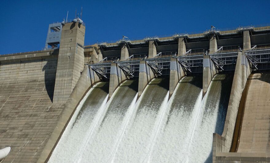 Closeup photograph of the spillway gates of the Folsom Dam during a release event.