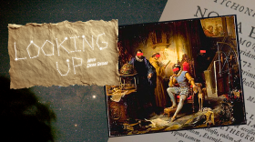 A torn-paper collage reads, “Looking Up with Dean Regas," beside a dramatic, candlelit painting of seated figures in an ornate room, evoking mystery.