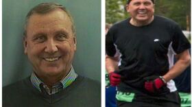 Two photos together, the left from a driver's license, of a white man with short gray hair facing the camera and smiling, the second is the same man in black running clothes, a headband and gloves jogging toward the camera.