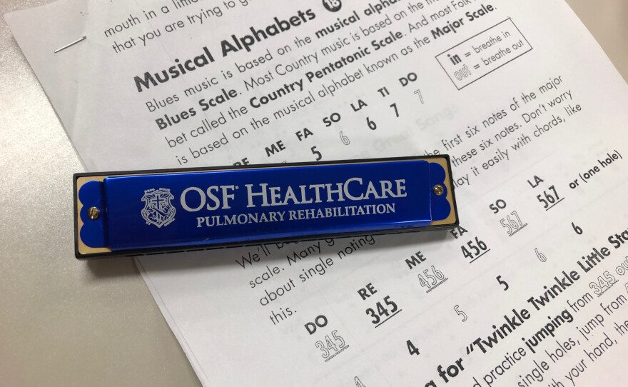 Harmonica therapy sessions are held at 2:00 P.M. every third Tuesday at OSF St. Joseph's Medical Center Cardio Pulmonary wing.