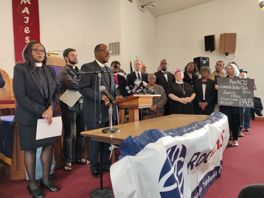 The Rev. James Simmons, right, and the Rev. Wanda Wilson, left, were among the speakers at a press conference today urging City Council not to amend its Police Accountability Board legislation to allow former law enforcement officers to serve on the body.