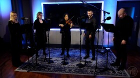 Violinist Min-Young Kim, center, at WRTI with members of Variant 6 (left to right): Rebecca Myers, Elisa Sutherland, Steven Bradshaw, Daniel Schwartz.