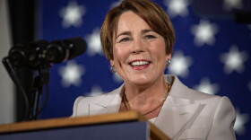 Maura Healey speaks with supporters on Election Day evening at the Fairmont Copley Plaza. (Robin Lubbock/WBUR)
