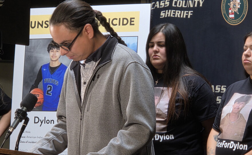 Leon Staples Jr., a district representative on the Leech Lake Tribal Council, speaks at a press conference in Cass Lake on Oct. 7, 2026.