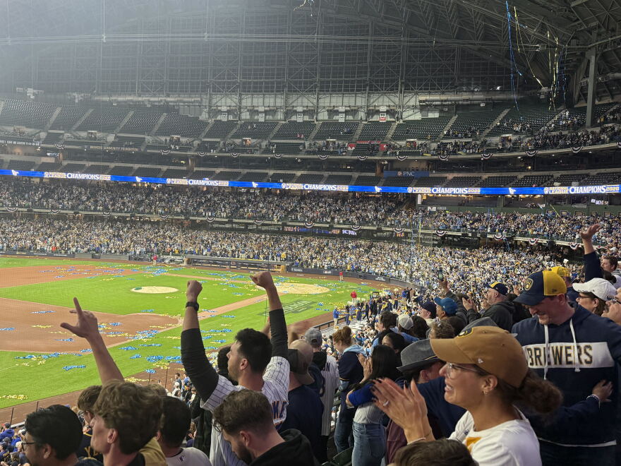 Fans celebrate the Milwaukee Brewers win at American Family Field in Milwaukee, Wisconsin after Game 4 of baseball's National League Championship Series between the Milwaukee Brewers and the Los Angeles Dodgers, Thursday, Oct. 15, 2026.