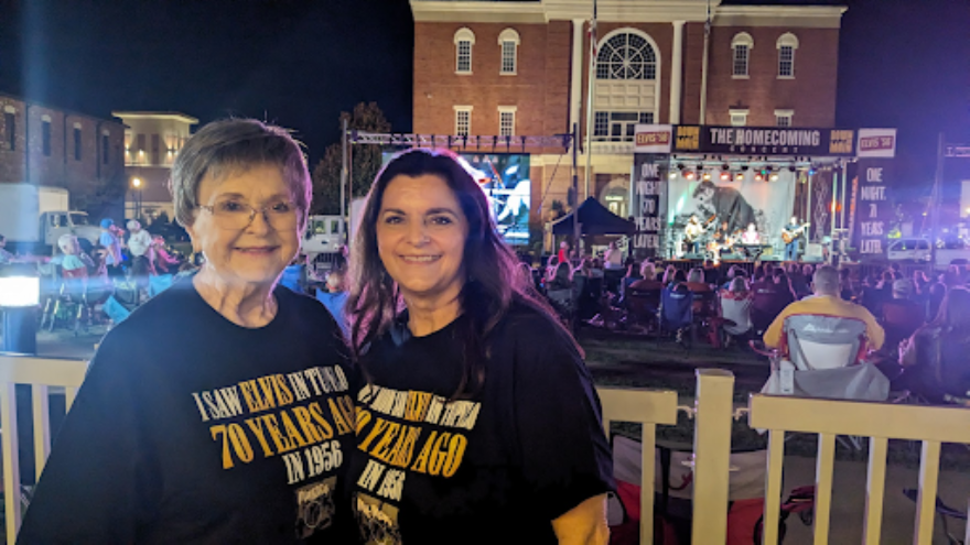 Martha Crump (left) with her daughter at the Elvis ‘56 Anniversary concert in Tupelo, Mississippi, on Saturday, Sept. 26, 2026. Crump attended both the 1956 concert and the 2026 recreation.