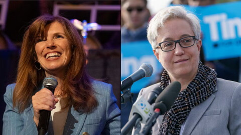Left: Christine Drazan at her election night party on Tuesday, May 19, 2026. Right: Gov. Tina Kotek at her victory announcement Nov. 10, 2022.