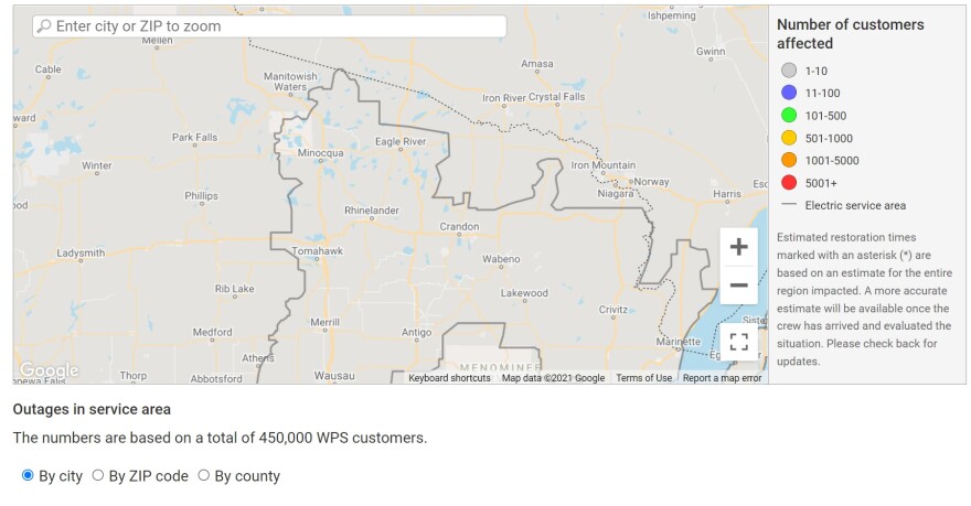 WPS outage map showing no outages