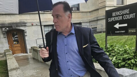 Matthew Rutledge leaving Berkshire Superior Court on August 20, 2026, after filing a motion to dismiss rape charges against him stemming from his time teaching at Miss Hall's School in Pittsfield, Massachusetts. He did not respond to WAMC's request for comment.