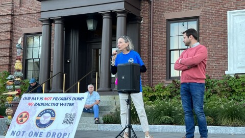 Activist Diane Turco speaks at a rally Monday on the lawn of Plymouth Town Hall against the discharge of radioactive water from the Pilgrim Nuclear Power Station. With her is Mark DeCristoforo, executive director of the Massachusetts Seafood Collaborative.