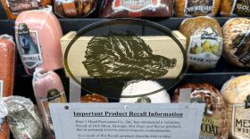A recall notice is posted next to Boar's Head meats that are displayed at a Safeway store in San Rafael, California.